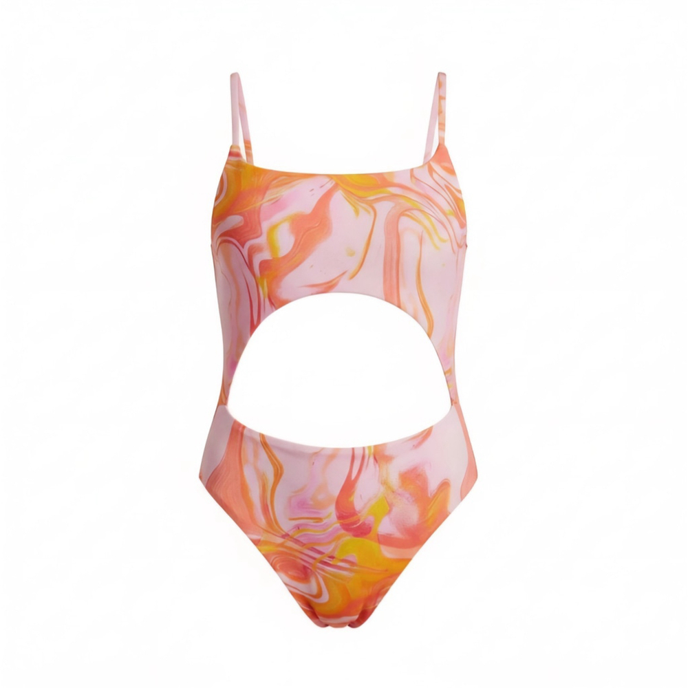 Aqua One piece Swimsuit Bathing Suit LARGE Pink Orange Yellow Swirl - Picture 12 of 16